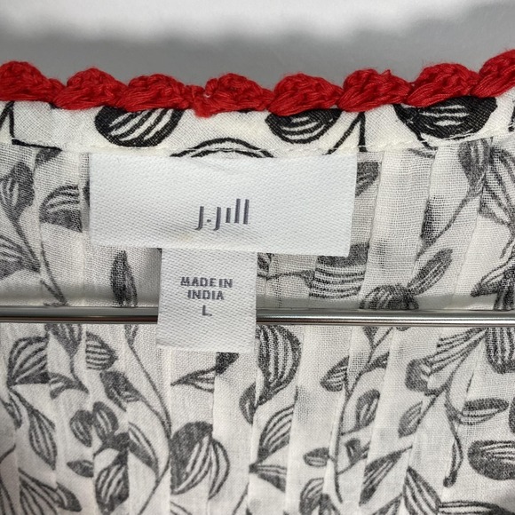 J Jill Top Womens Large Black White Red Embroidered Boho Peasant Tassel Blouse - Picture 2 of 11